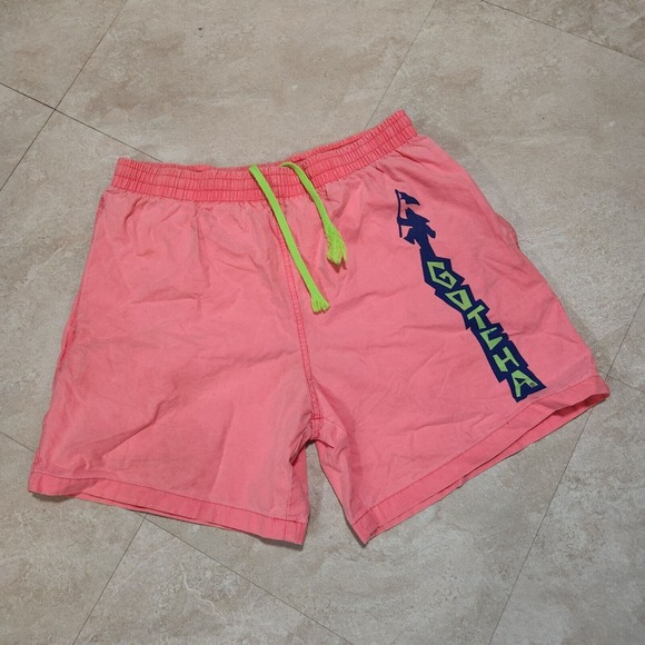 VTG 80s Gotcha Mens 32 Neon Pink Shorts Retro Baggy Graphic Drawstring Spellout - Picture 2 of 13